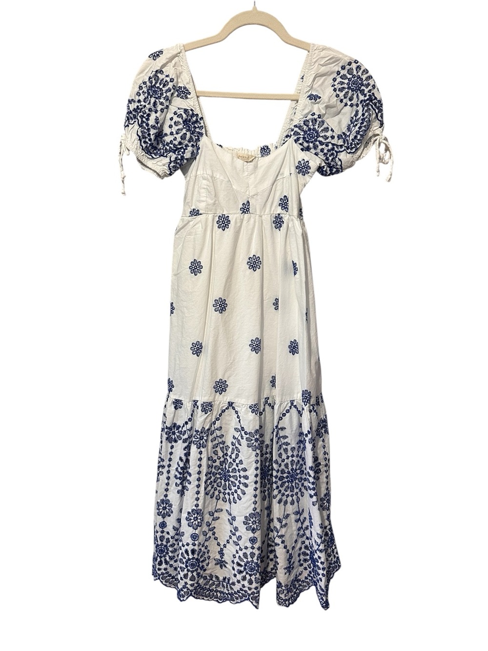 White & Navy Embroidered Puff-Sleeve Midi Dress